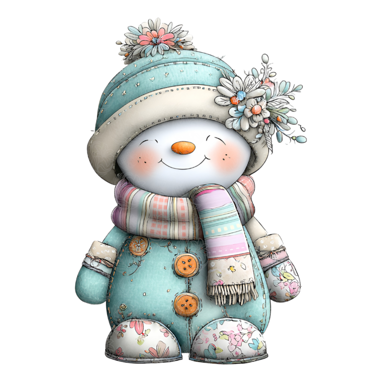 Whimsical snowman wearing teal patchwork suit floral hat striped scarf mittens smiling Grey Barn Handwerk, Saskatchewan.